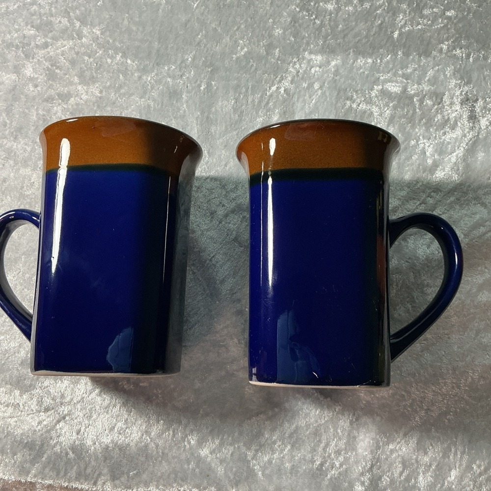 2 Royal Doulton Coffee Mugs Navy Blue Brown Ceramic Cups 5" Tall Replacements